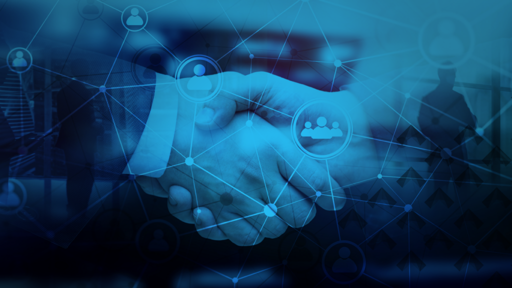 A handshake with a blue overlay including floating images of users, stakeholders, and connections for the blog titled Developing an Effective Communication Strategy for a Merger